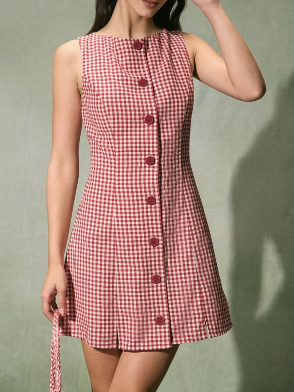 Red Gingham A-Line Mini Dress - Rihoas - Size S
